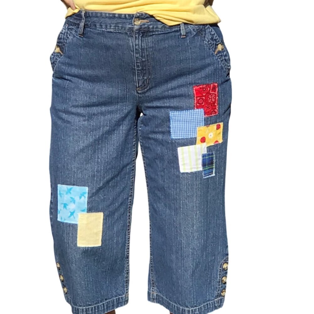 Patchwork Capris Jean Shorts, Upcycled Denim Spring Summer Picnic Pants Size 8